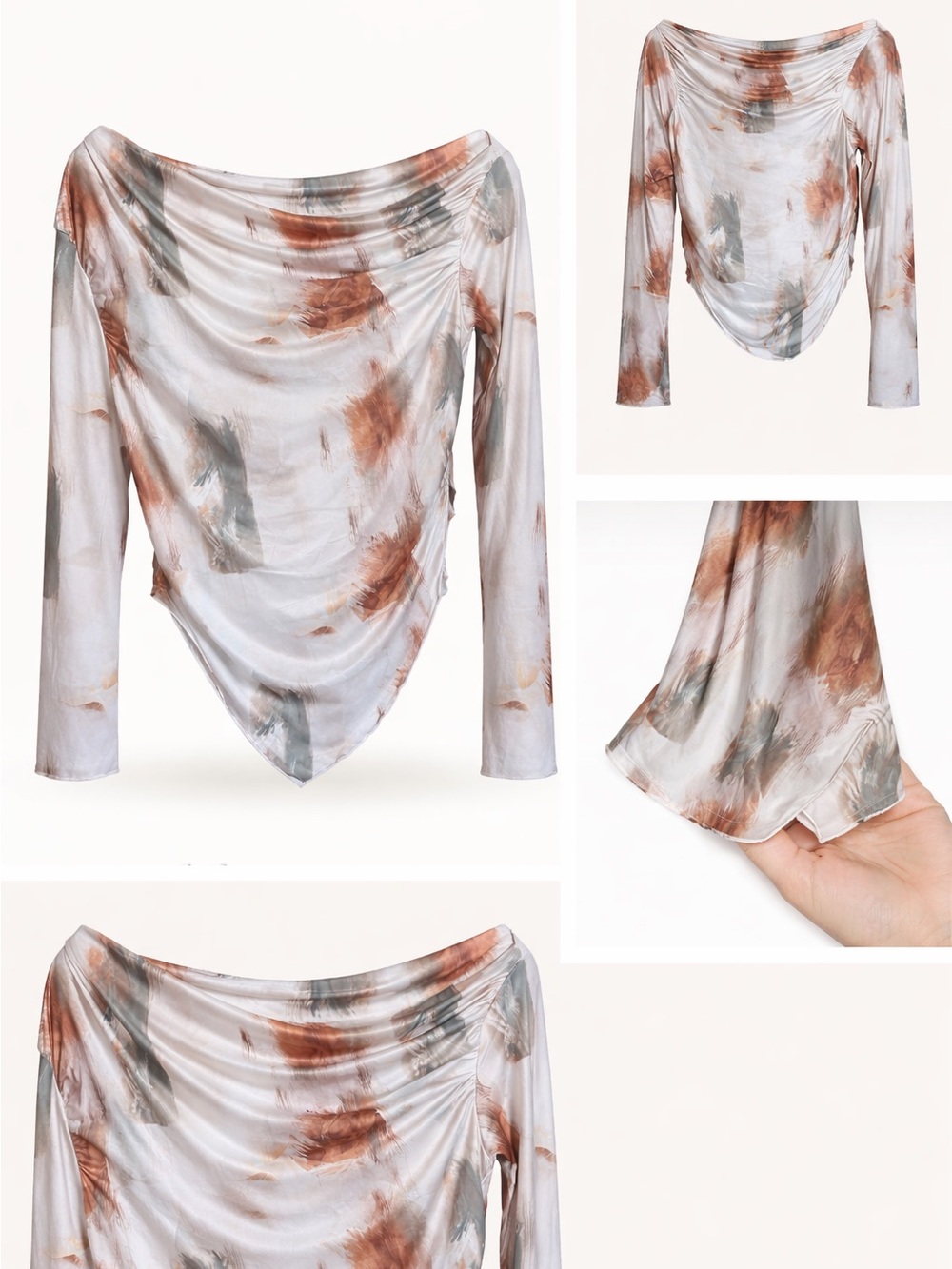 SHEIN White Tie-Dye Draped Cowl Neck Long Sleeve Blouse with Rust & Gray Accents